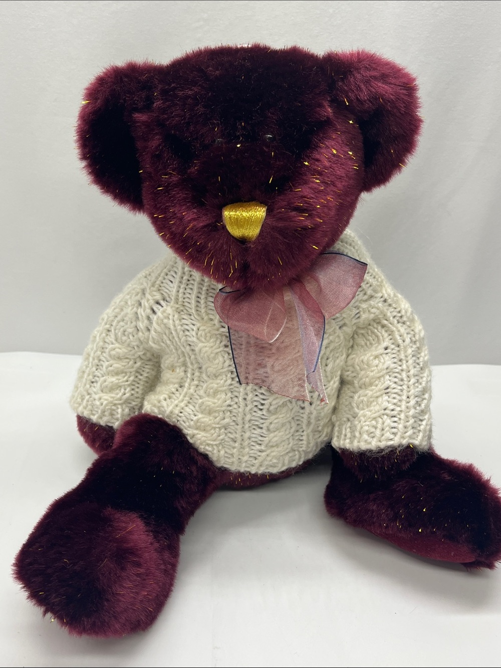 Plush Burgundy Teddy with Gold and Crean Cable Knit Sweater